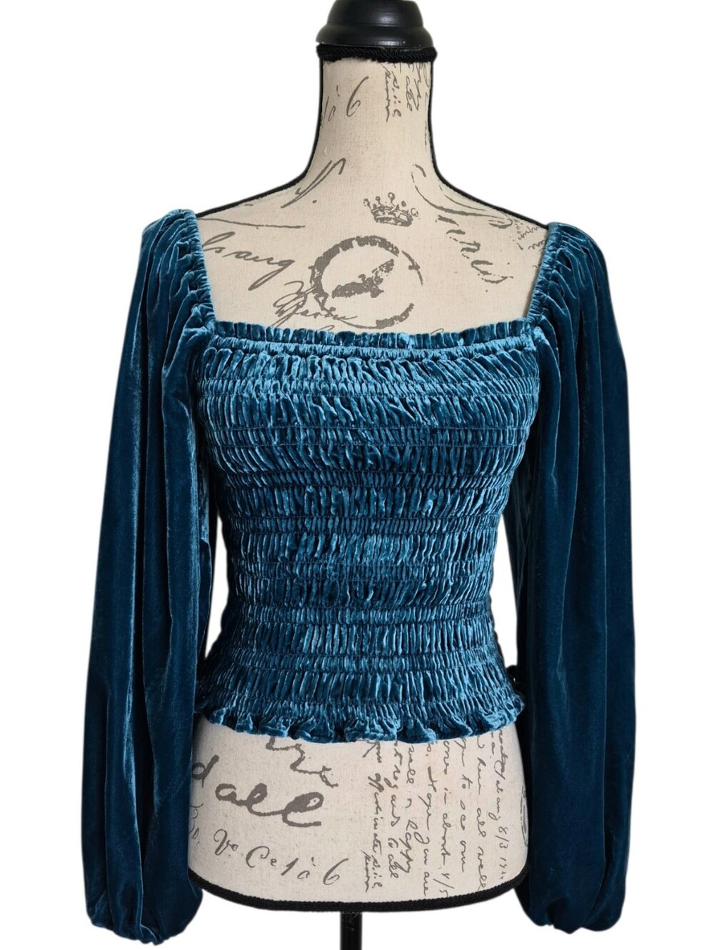 Anthropologie Velvet Smocked Puff Sleeve Square Neck top XS Blue Boho whimsigoth
